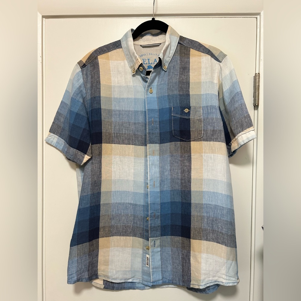 Tommy Bahama Blue and Tan Plaid Shirt